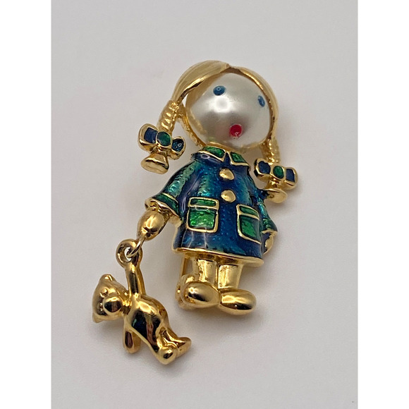 Vintage Carolee Enamel Girl Pig Tails Dangling Bear Gold Tone Costume Brooch - Picture 1 of 10